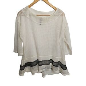 IC By Connie K Oversized White Black Crochet Top Boho Lagenlook 3/4 Sleeve Sz S